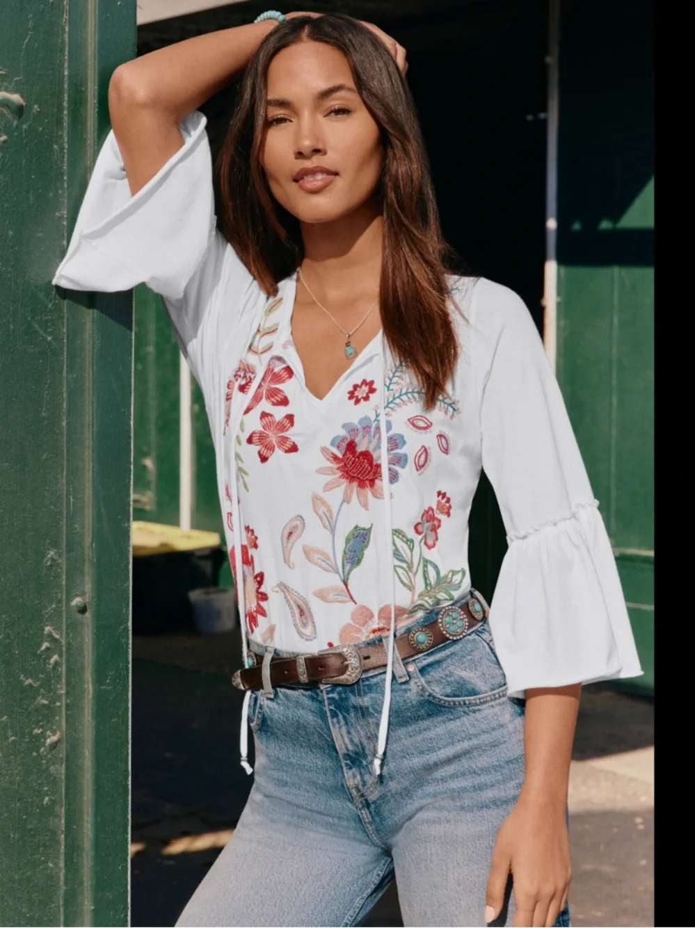 Johnny Was Embroidered Flounce Sleeve Top - Picture 3 of 7